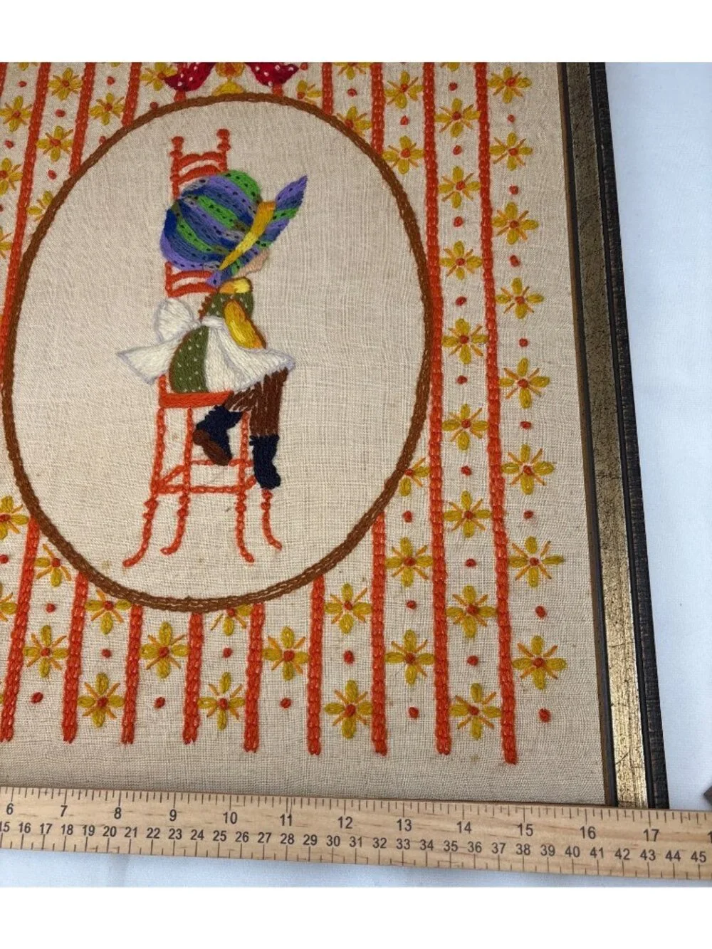 Framed Embroidered Girl on Chair Hat Bow Folk Art Wall Decor 21